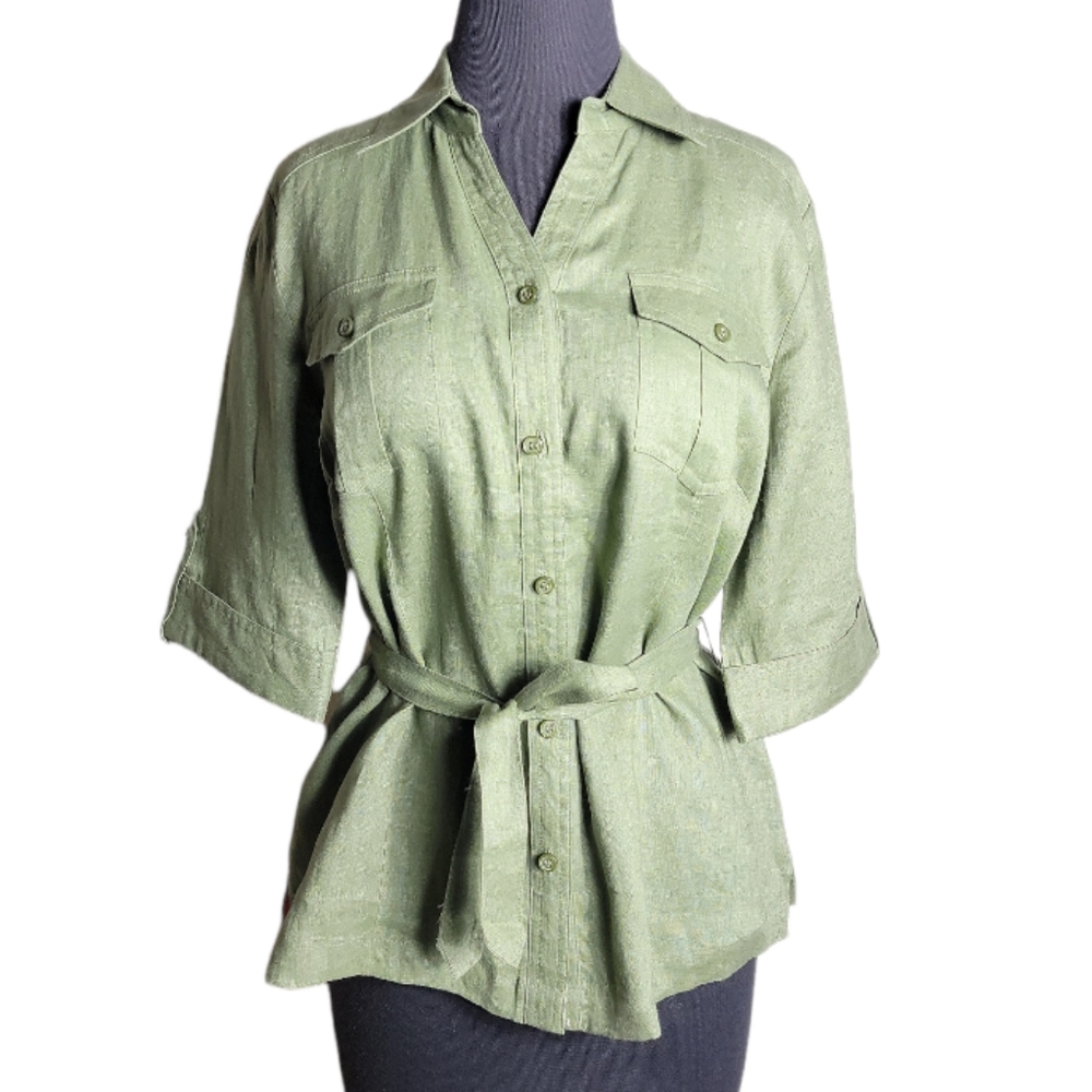 Dressbarn linen button up women's utility top belted green medium 3/4 sleeve